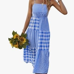 Boho plaid summer dress. Square neckline, spaghetti straps.